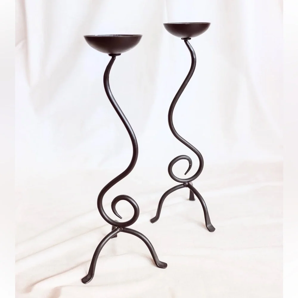 Vintage Black Metal Wrought Iron Scroll Spiral Candle Holders